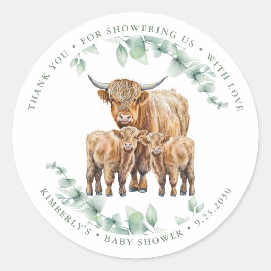 Highland Koe Twins Farm Animals Baby shower Ronde Sticker (Voorkant)