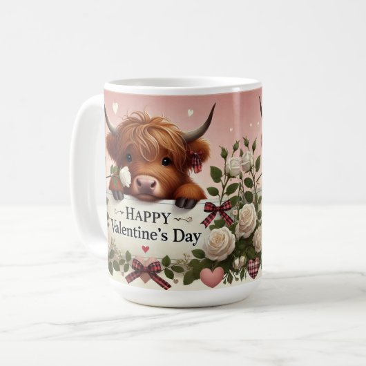 Highland Koe Valentijn met witte rozen Koffiemok (Voorkant links)