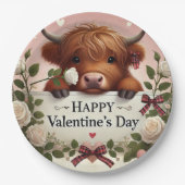 Highland Koe Valentijn met witte rozen Papieren Bordje (Voorkant)