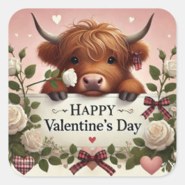Highland Koe Valentijn met witte rozen Vierkante Sticker
