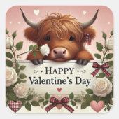 Highland Koe Valentijn met witte rozen Vierkante Sticker (Voorkant)