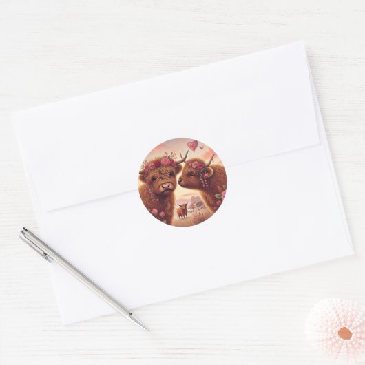 Highland Koe Valentijnse Ronde Sticker (Envelop)