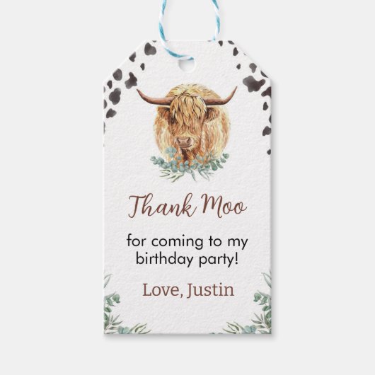 Highland Koe Verjaardagsfeest Dank u Label Cadeaulabel (Voorkant)