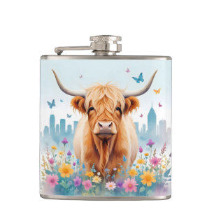 Highland Koe Vintage Dier Natuur Forest City Art Heupfles