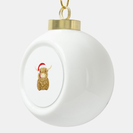 Highland Koe Vrolijk Kerstfeest Sneeuw T-shirt Ess Keramische Bal Ornament (Rechts)