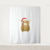 Highland Koe Vrolijk Kerstfeest Sneeuw T-shirt Ess Wandkleed (Voorkant)