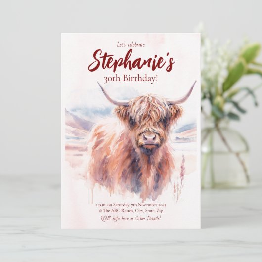 Highland Koe Waterverf Verjaardag Kaart (Staand voorkant)