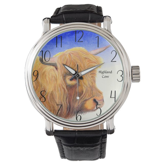 Highland Koe Waterverf Watch Horloge (Voorkant)