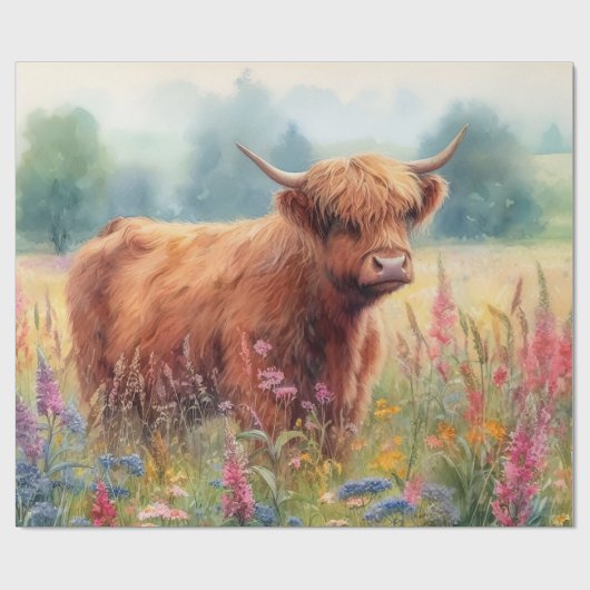 Highland Koe Waterverf Wildflower Field Cadeaupapier (Vlak)