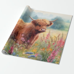 Highland Koe Waterverf Wildflower Field Cadeaupapier