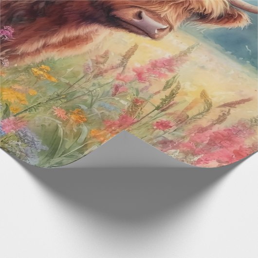 Highland Koe Waterverf Wildflower Field Cadeaupapier (Hoek)