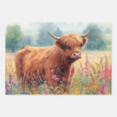 Highland Koe Waterverf Wildflower Field Inpakpapier Vel (Voorkant 2)