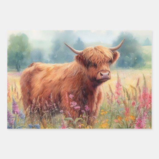 Highland Koe Waterverf Wildflower Field Inpakpapier Vel (Voorkant 2)