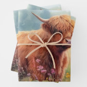 Highland Koe Waterverf Wildflower Field Inpakpapier Vel (In situ)