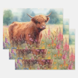 Highland Koe Waterverf Wildflower Field Inpakpapier Vel