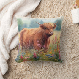 Highland Koe Waterverf Wildflower Field Kussen