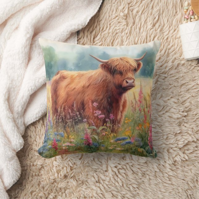 Highland Koe Waterverf Wildflower Field Kussen (Deken)