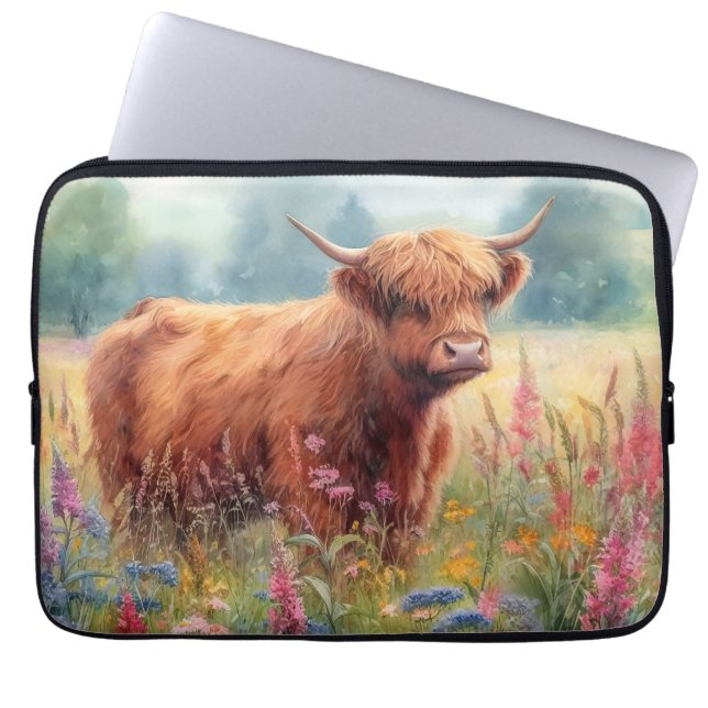 Highland Koe Waterverf Wildflower Field Laptop Sleeve (Voorkant)