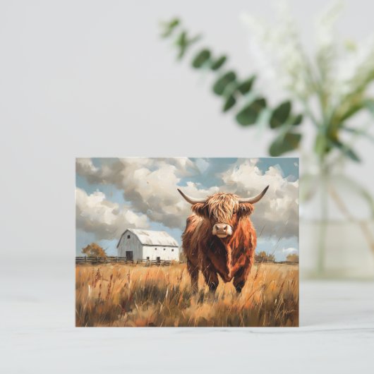 Highland Koe White Barn Rustic Briefkaart (Staand voorkant)