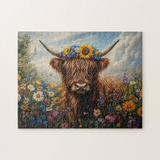 Highland Koe Wildflower Crown Legpuzzel (Horizontaal)