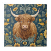 Highland Koe William Morris stijl Gele Zonnebloem Tegeltje (Voorkant)