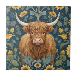 Highland Koe William Morris stijl Gele Zonnebloem Tegeltje
