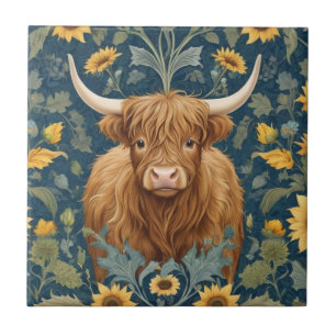 Highland Koe William Morris stijl Gele Zonnebloem Tegeltje