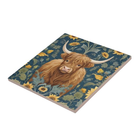 Highland Koe William Morris stijl Gele Zonnebloem Tegeltje (Zijkant)