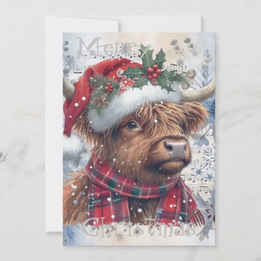 Highland Koe Winter Kerst Watercolor Feestdagenkaart (Voorkant)