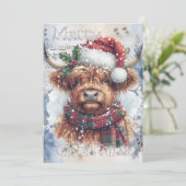 Highland Koe Winter Kerstmis Waterverf Feestdagenkaart (Staand voorkant)