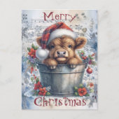 Highland Koe Winter Kerstmis Waterverf Feestdagenkaart (Voorkant)