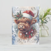 Highland Koe Winter Kerstmis Waterverf Feestdagenkaart (Staand voorkant)