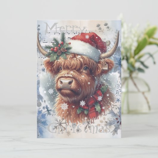 Highland Koe Winter Kerstmis Waterverf Feestdagenkaart (Staand voorkant)