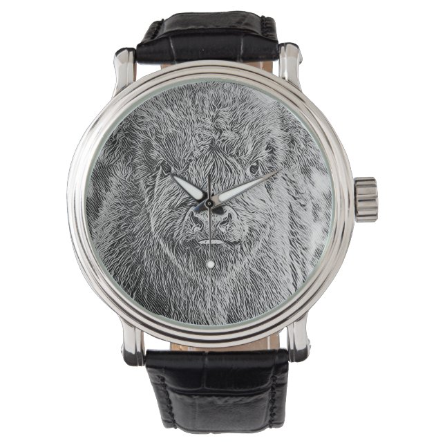 Highland Koe Woodcut Watch Horloge (Voorkant)