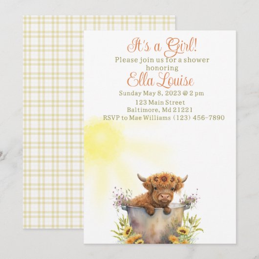 Highland koe zonnebloem baby shower kaart (Voorkant / Achterkant)