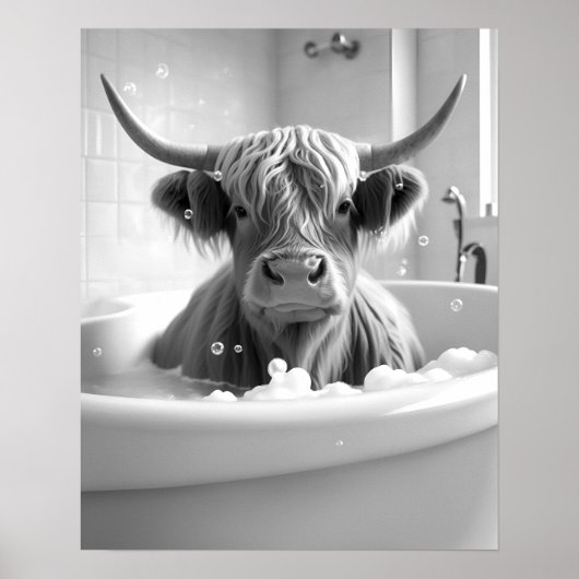 Highland Koe zwart-wit badkamer Afbeelding Poster (Voorkant)