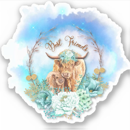 Highland Koeien Floral Sticker (Voorkant)