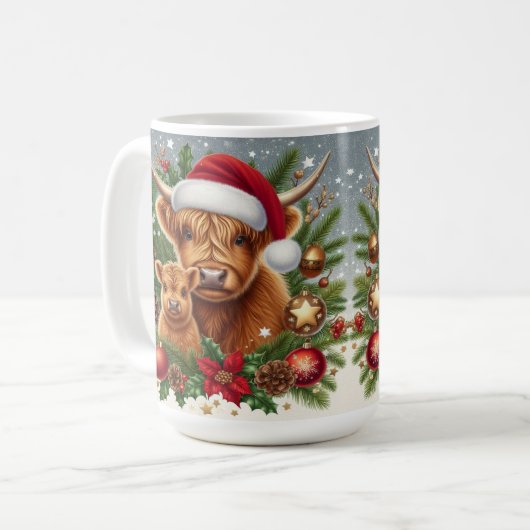 Highland Koeien in feestelijke kerstkrans Koffiemok (Voorkant links)