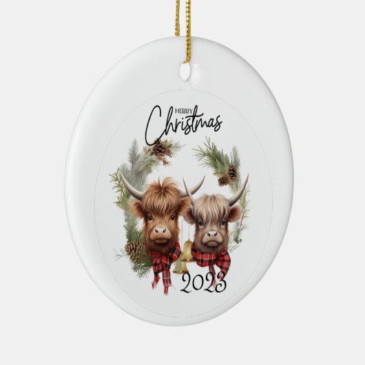 Highland Koeien Kerst Keramisch Ornament (Rechts)