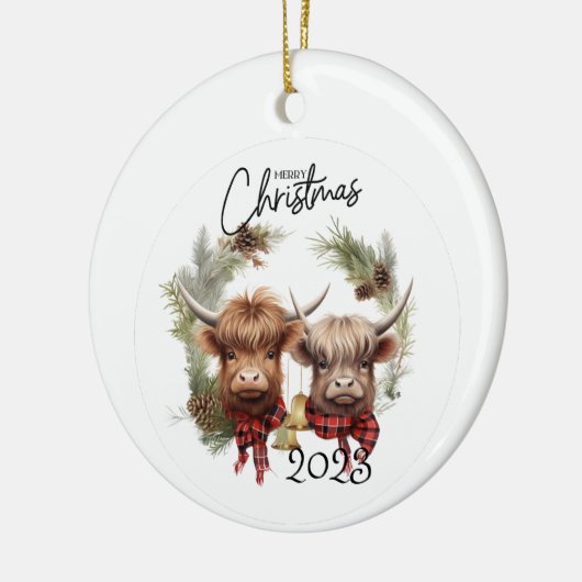 Highland Koeien Kerst Keramisch Ornament (Links)