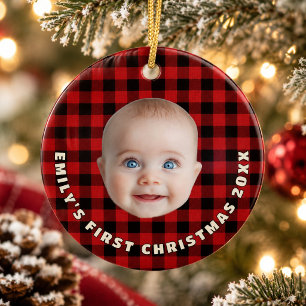 Highland Lodge Buffalo Plaid Baby Eerste Kerstmis Keramisch Ornament