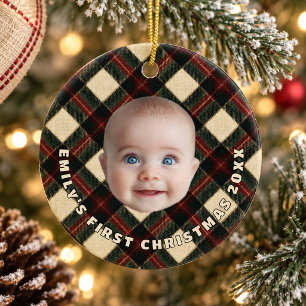 Highland Lodge Plaid Baby Eerste Kerstmis Foto Keramisch Ornament