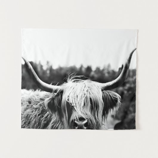 Highland Longhorn Koe Black en White Rustic Boho Wandkleed (Voorkant (horizontaal))