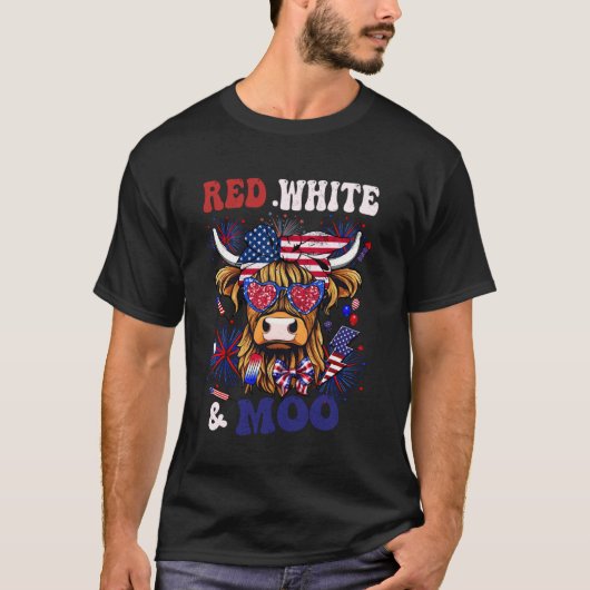 Highlander Koe 4 juli Amerikaanse Rood Wit Blauw T-shirt (Voorkant)