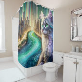 Highrise Cat met Waterscape Uitzicht Douchegordijn (In situ)