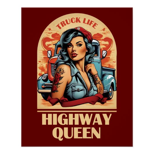Highway Queen  Illustratie - Trucking Meisje Perfect Poster (Voorkant)