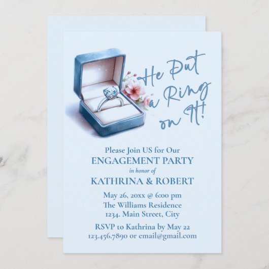 Hij deed er een ring op! Blue Engagement Party Kaart (Voorkant / Achterkant)