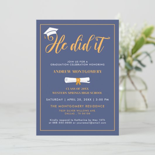 Hij deed het Afstudeerder Pet Tassel Blue Afstuder Kaart (Staand voorkant)