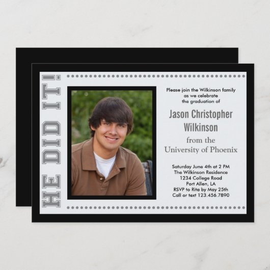 Hij deed het! Afstuderen Fotouitnodiging Kaart (Voorkant / Achterkant)