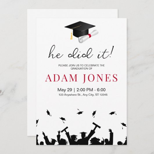 Hij deed het Afstuderen uitnodiging, minimalistisc Kaart (Voorkant / Achterkant)